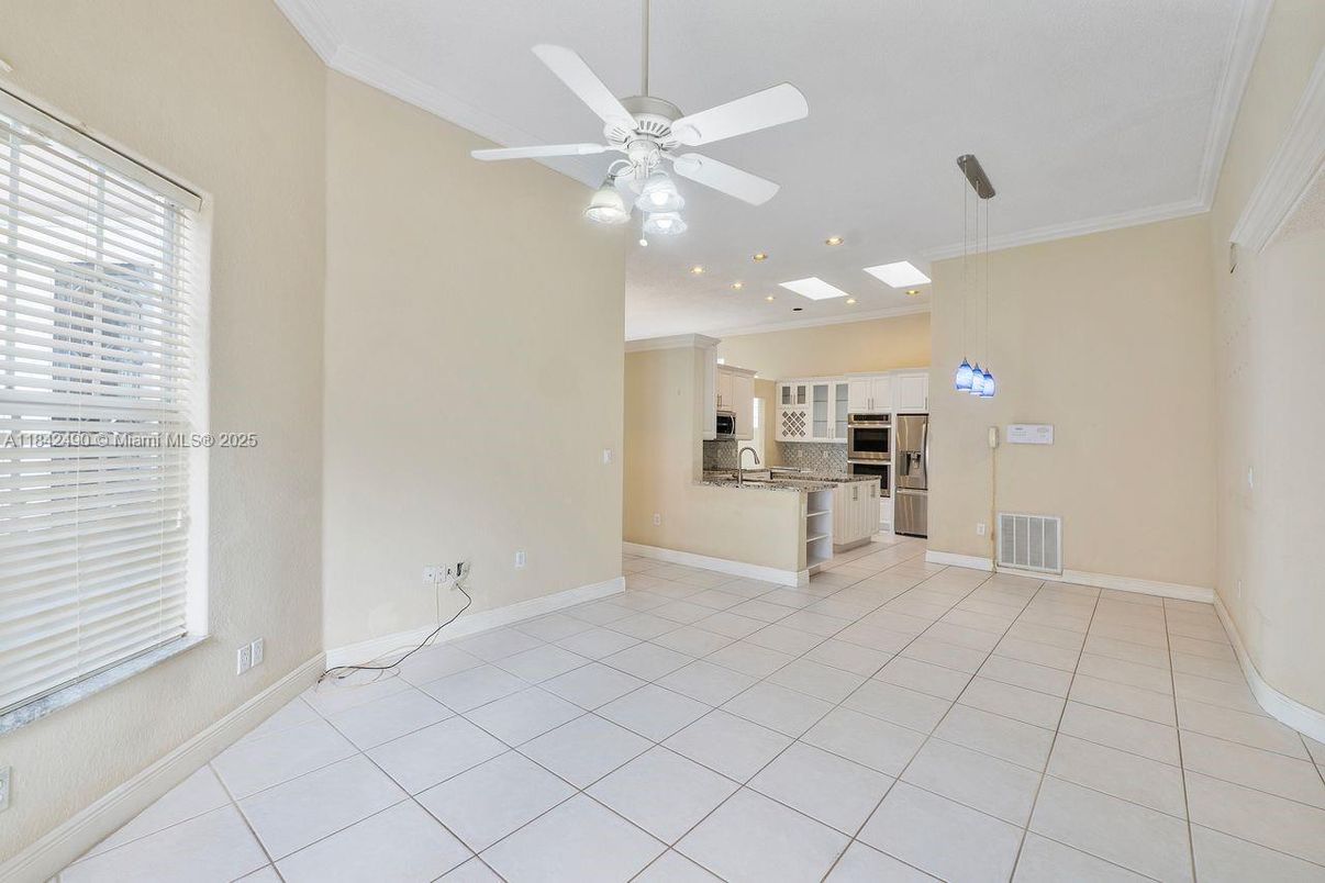 Empty room, Interior, Kitchen, Recessed Lighting, Stainless Steel Appliances