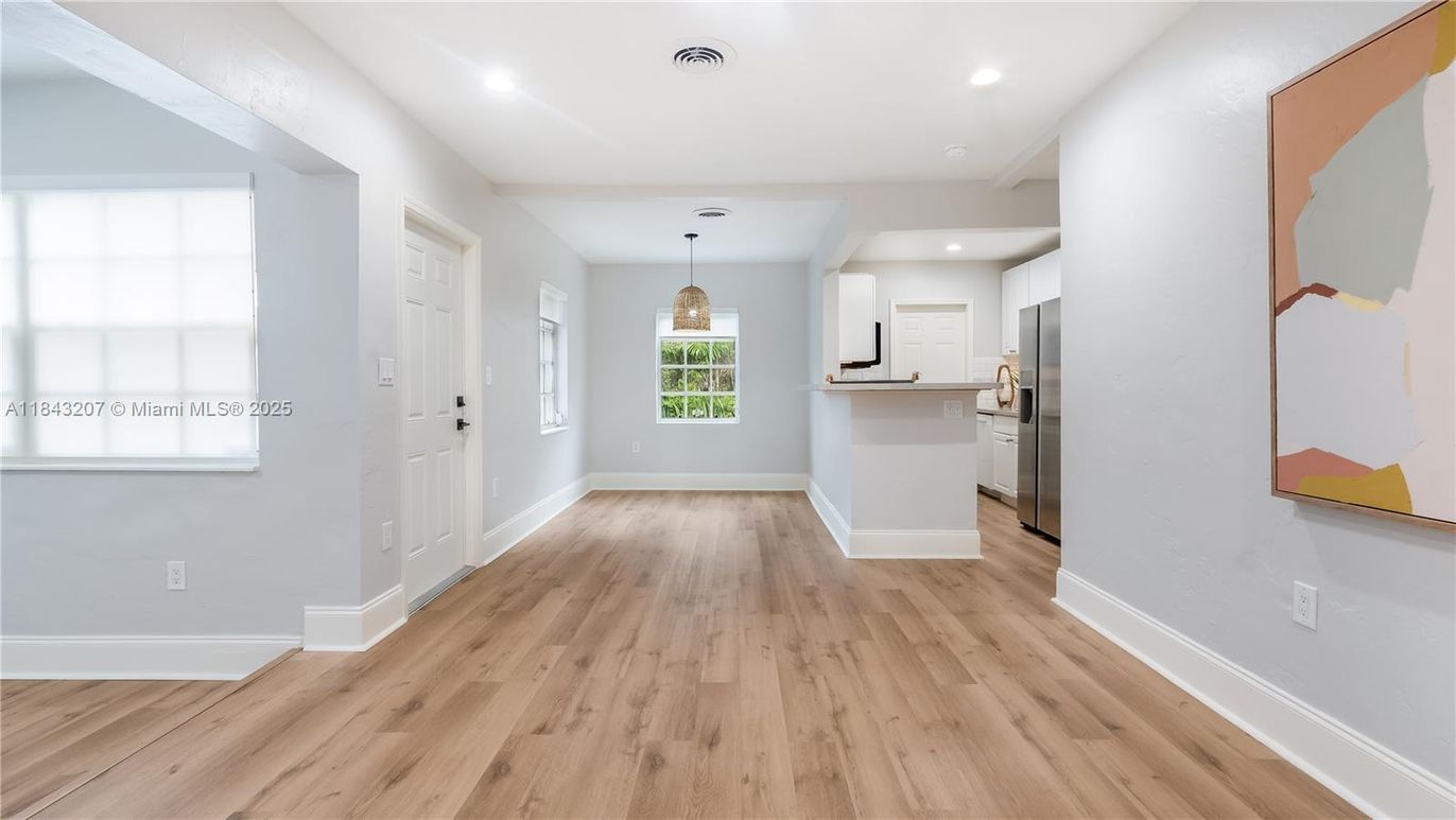 Empty room, Interior, Kitchen, Pendant Lights, Recessed Lighting, Wood Texture Flooring