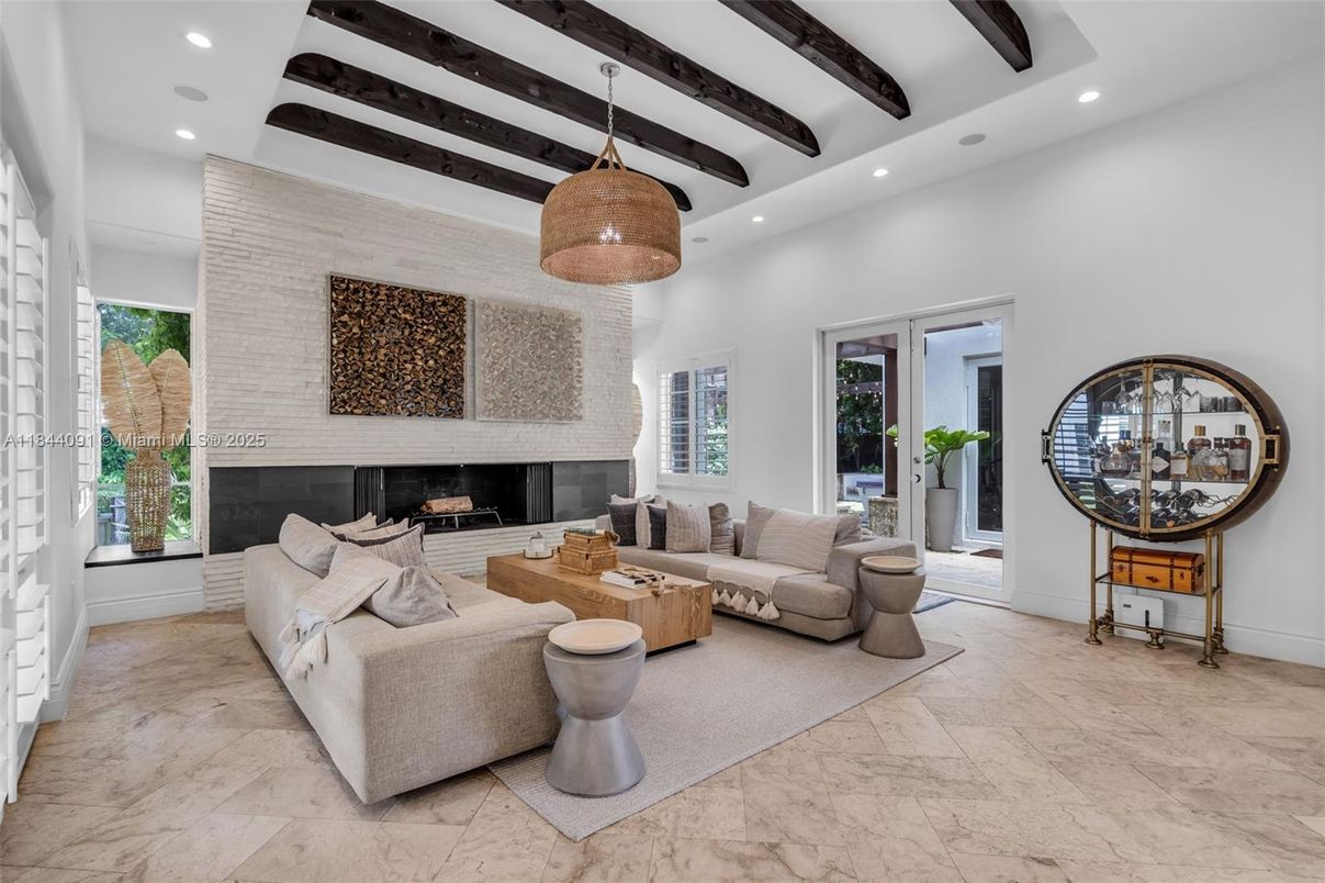Fireplace, Interior, Living room, Marble, Pendant Lights, Recessed Lighting, Wooden Beams