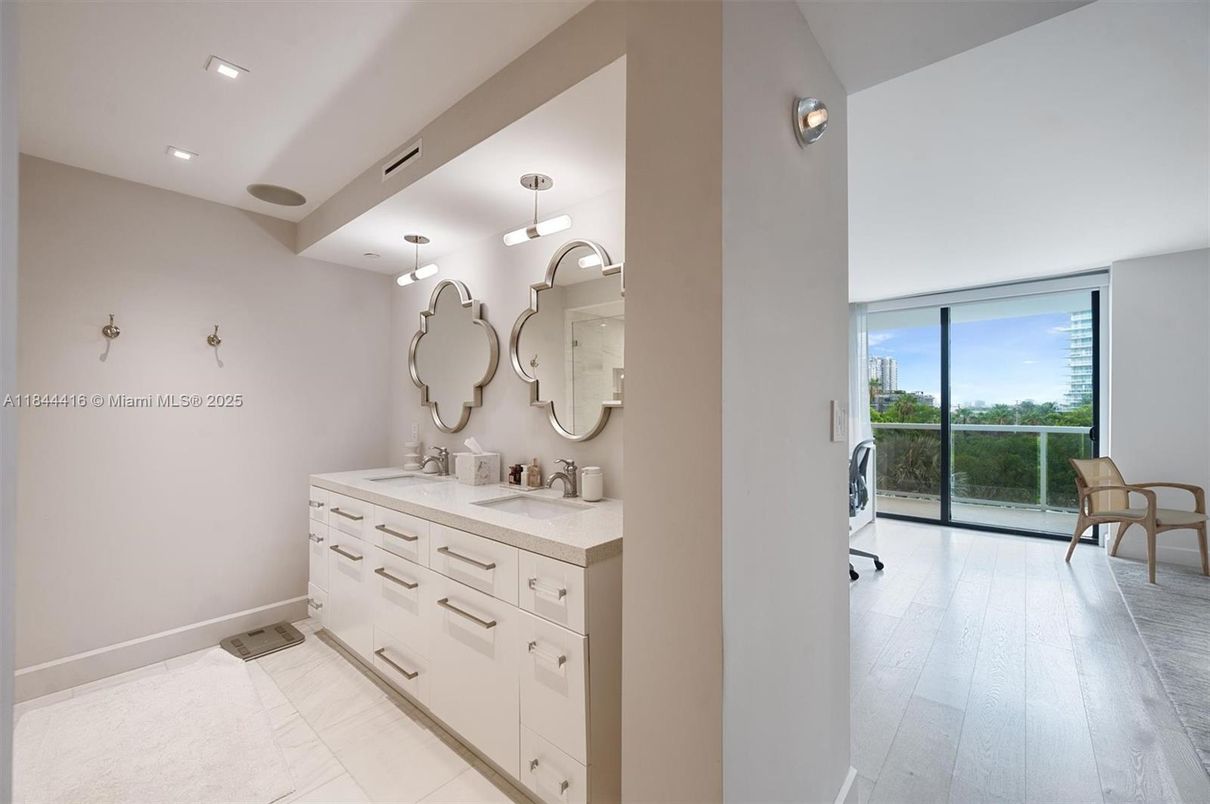 Bathroom, Dual Sink Vanities, Interior, Pendant Lights, Recessed Lighting, Wood Texture Flooring