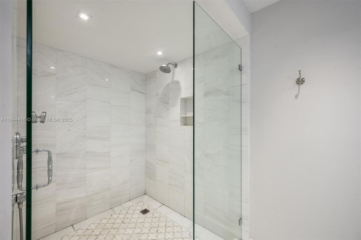 Bathroom, Glass Shower, Interior, Marble Walls, Recessed Lighting