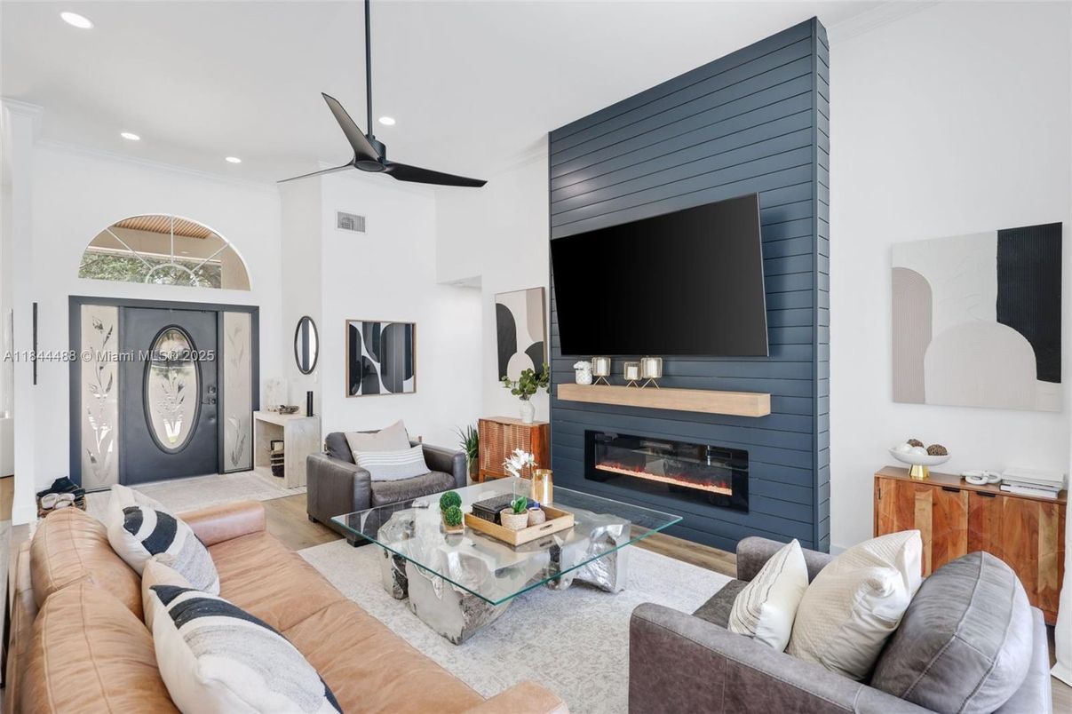 Fireplace, Interior, Living room, Recessed Lighting, Wood Texture Flooring