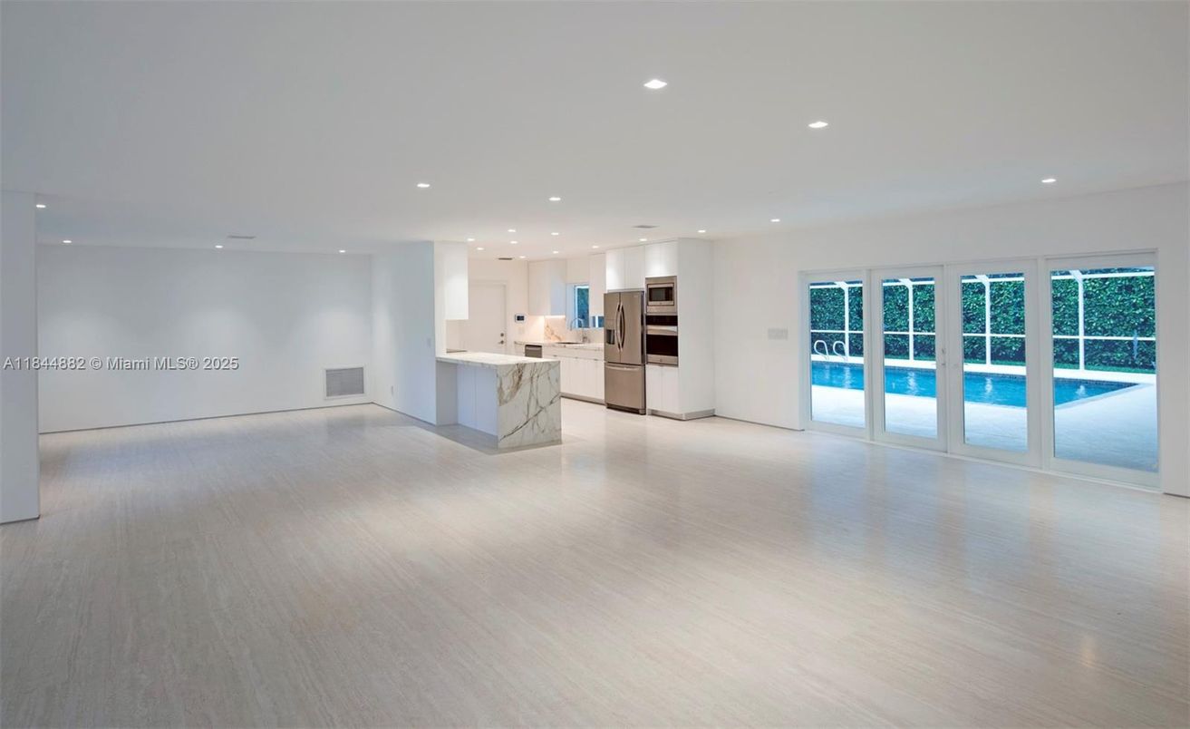 Empty room, Interior, Kitchen, Recessed Lighting, Stainless Steel Appliances