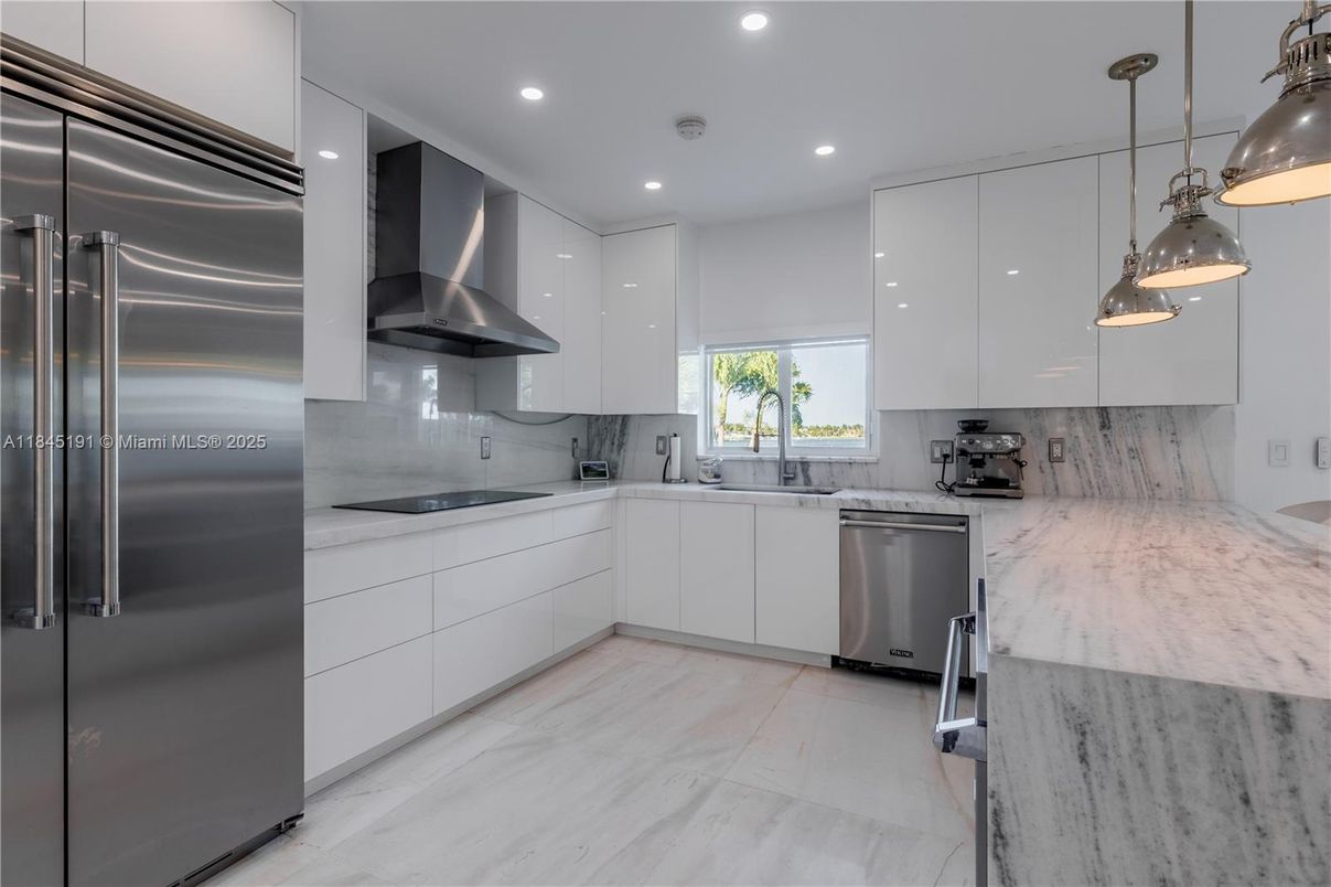 Interior, Kitchen, Marble, Pendant Lights, Recessed Lighting, Stainless Steel Appliances