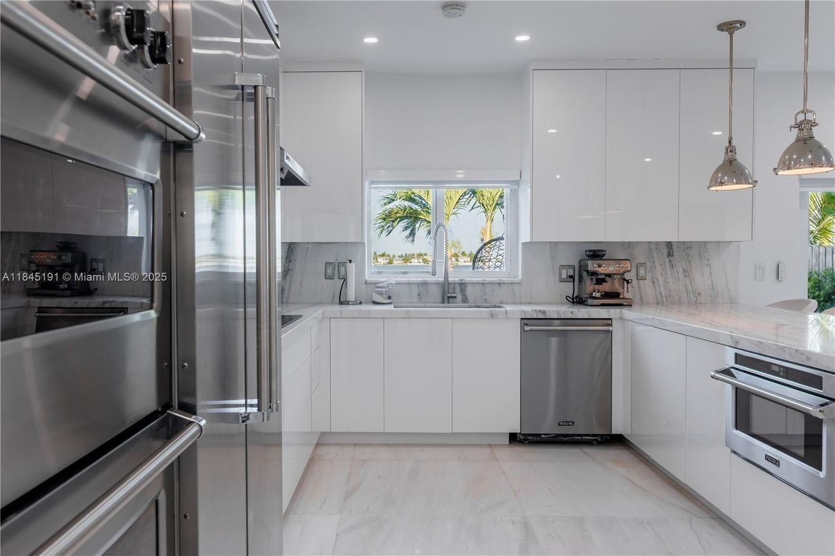 Interior, Kitchen, Marble, Pendant Lights, Recessed Lighting, Stainless Steel Appliances