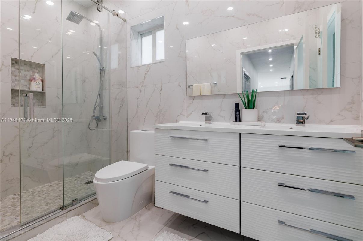 Bathroom, Glass Shower, Interior, Marble, Marble Walls, Recessed Lighting