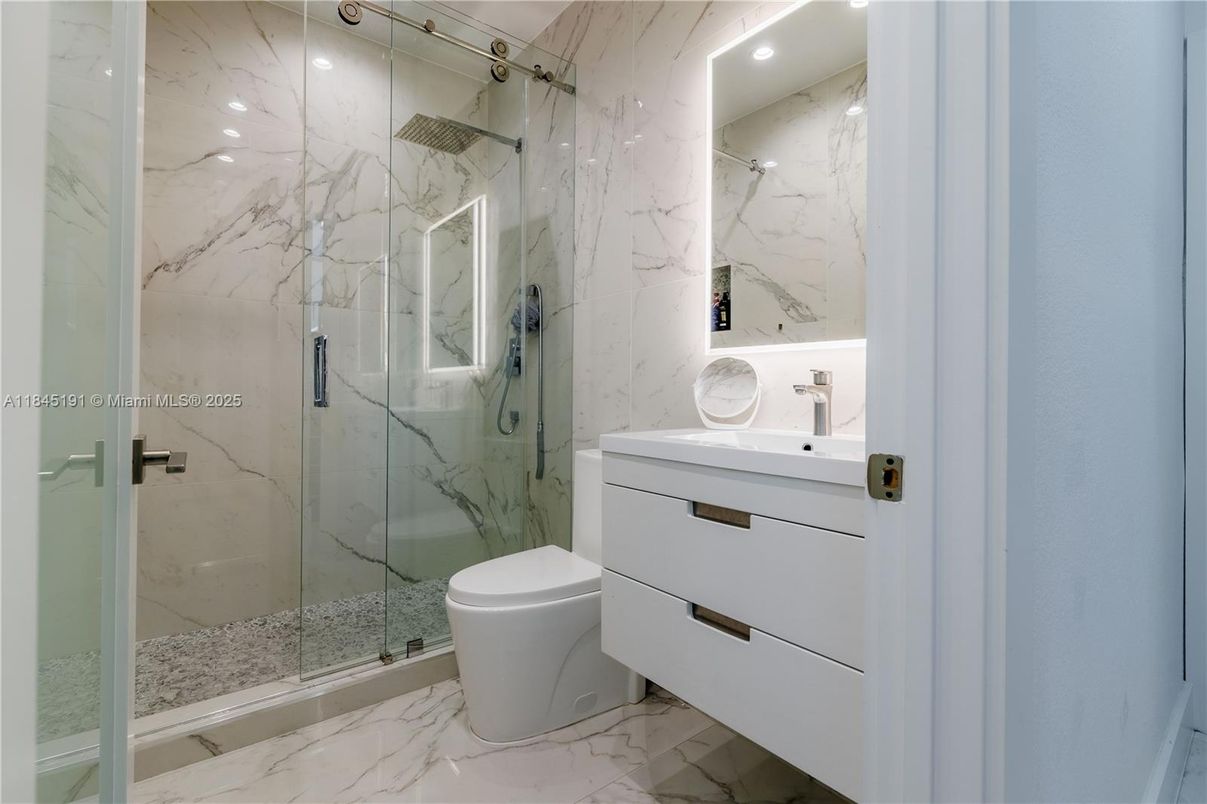 Bathroom, Glass Shower, Interior, Marble, Marble Walls, Recessed Lighting