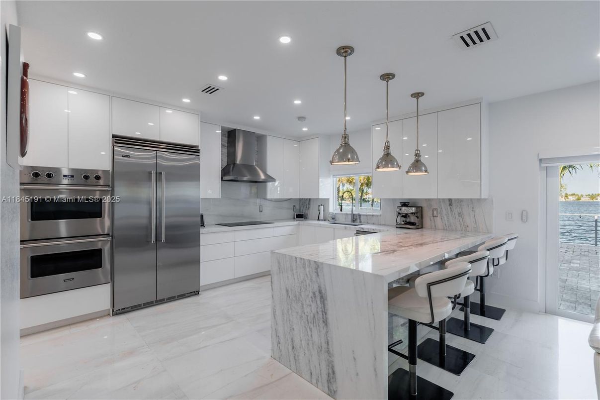 Interior, Kitchen, Marble, Pendant Lights, Recessed Lighting, Stainless Steel Appliances, Water