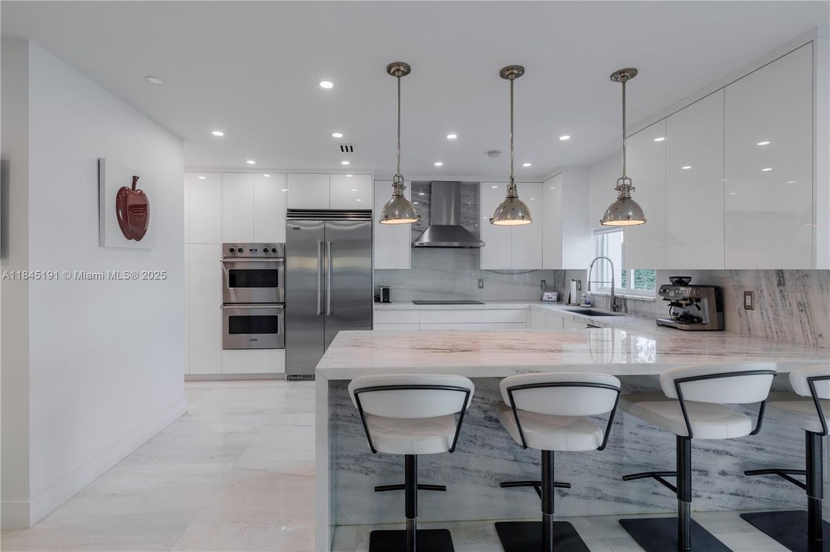 Interior, Kitchen, Marble, Pendant Lights, Recessed Lighting, Stainless Steel Appliances