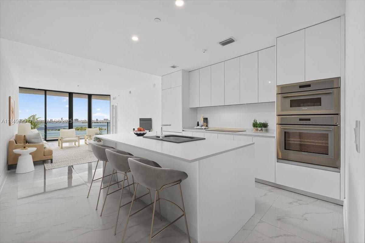 Interior, Kitchen, Living room, Marble, Recessed Lighting, Stainless Steel Appliances, Water