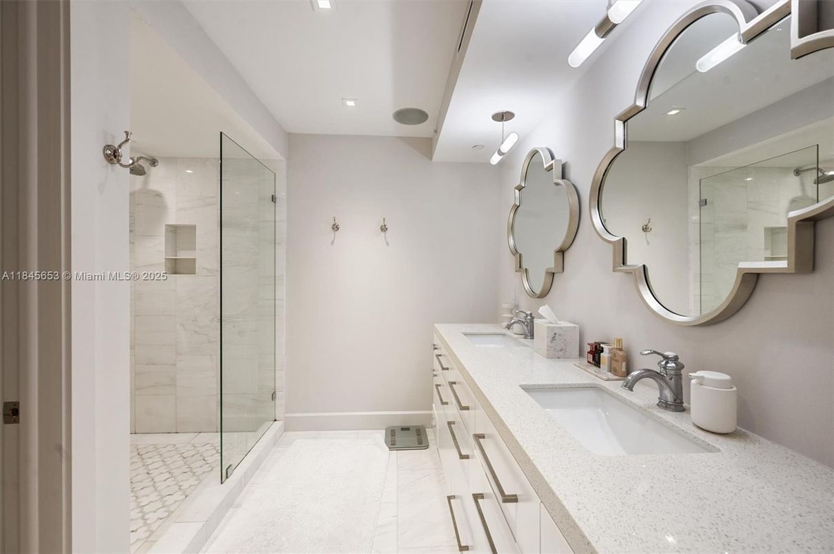 Bathroom, Dual Sink Vanities, Glass Shower, Interior, Marble, Recessed Lighting