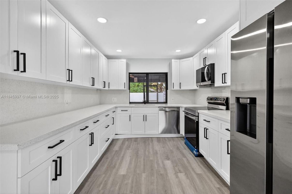 Interior, Kitchen, Recessed Lighting, Stainless Steel Appliances, Wood Texture Flooring