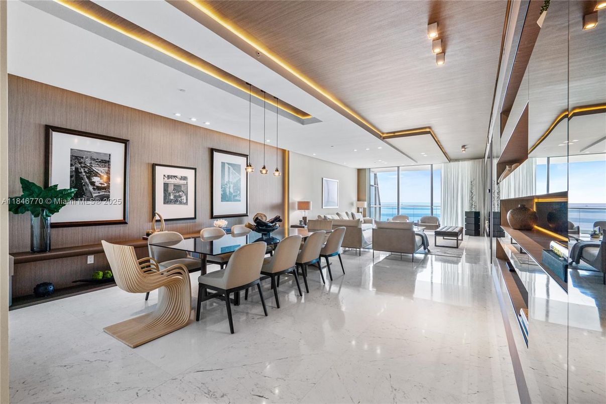Dining room, Fireplace, Interior, Living room, Marble, Pendant Lights, Recessed Lighting, Water