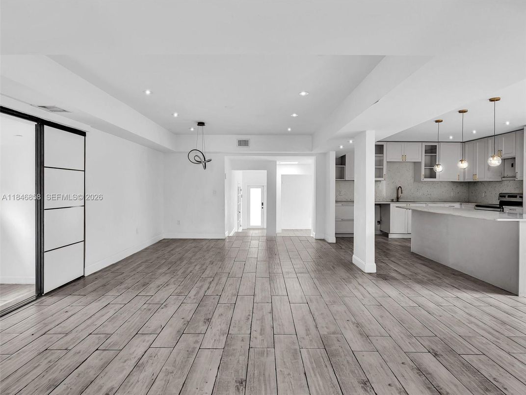 Empty room, Interior, Kitchen, Pendant Lights, Recessed Lighting, Wood Texture Flooring