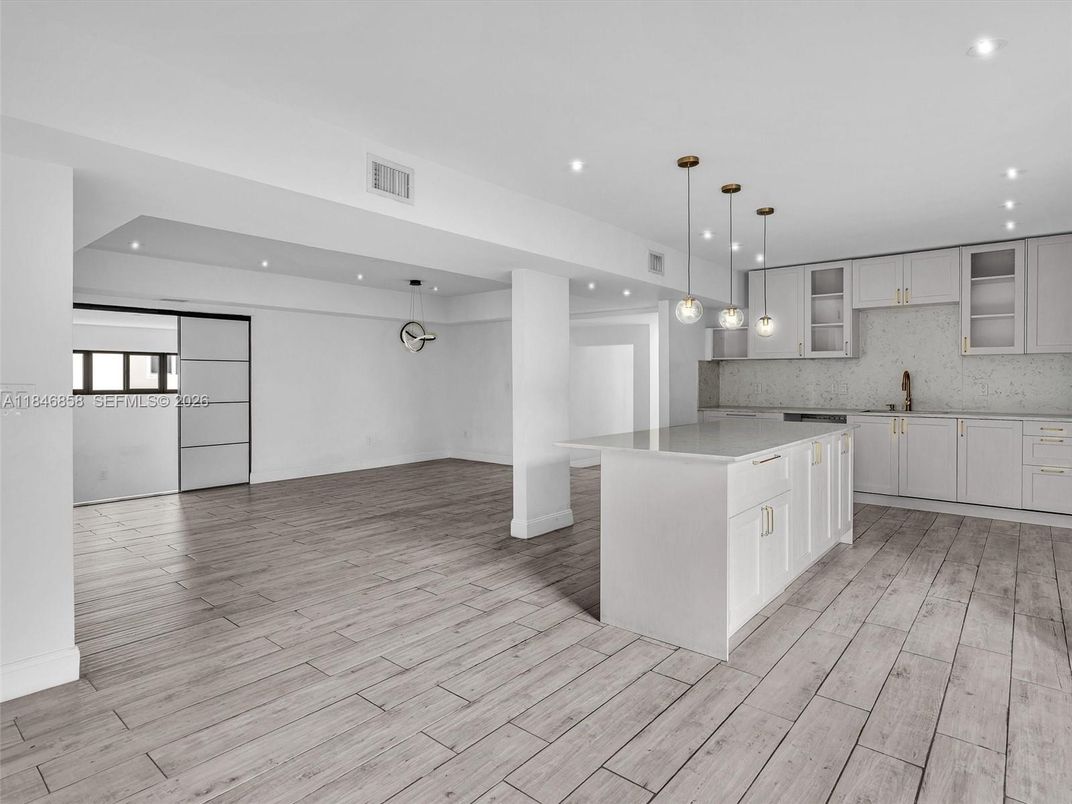Interior, Kitchen, Pendant Lights, Recessed Lighting, Wood Texture Flooring