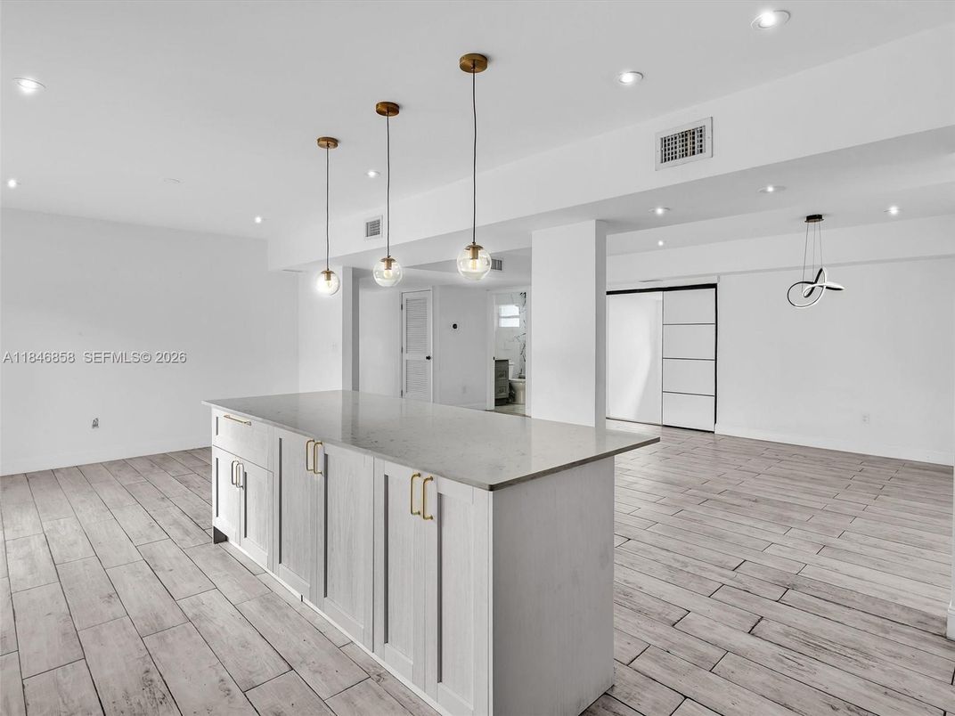 Interior, Kitchen, Pendant Lights, Recessed Lighting, Wood Texture Flooring