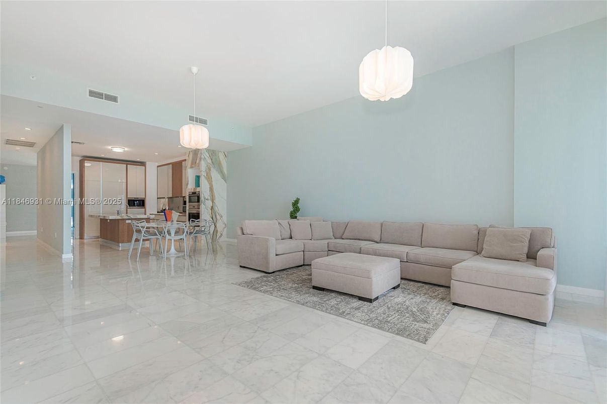 Dining room, Interior, Living room, Marble, Pendant Lights, Recessed Lighting