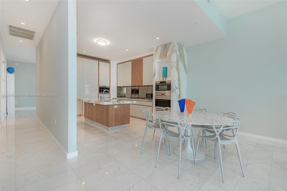 Dining room, Interior, Kitchen, Marble, Recessed Lighting, Stainless Steel Appliances