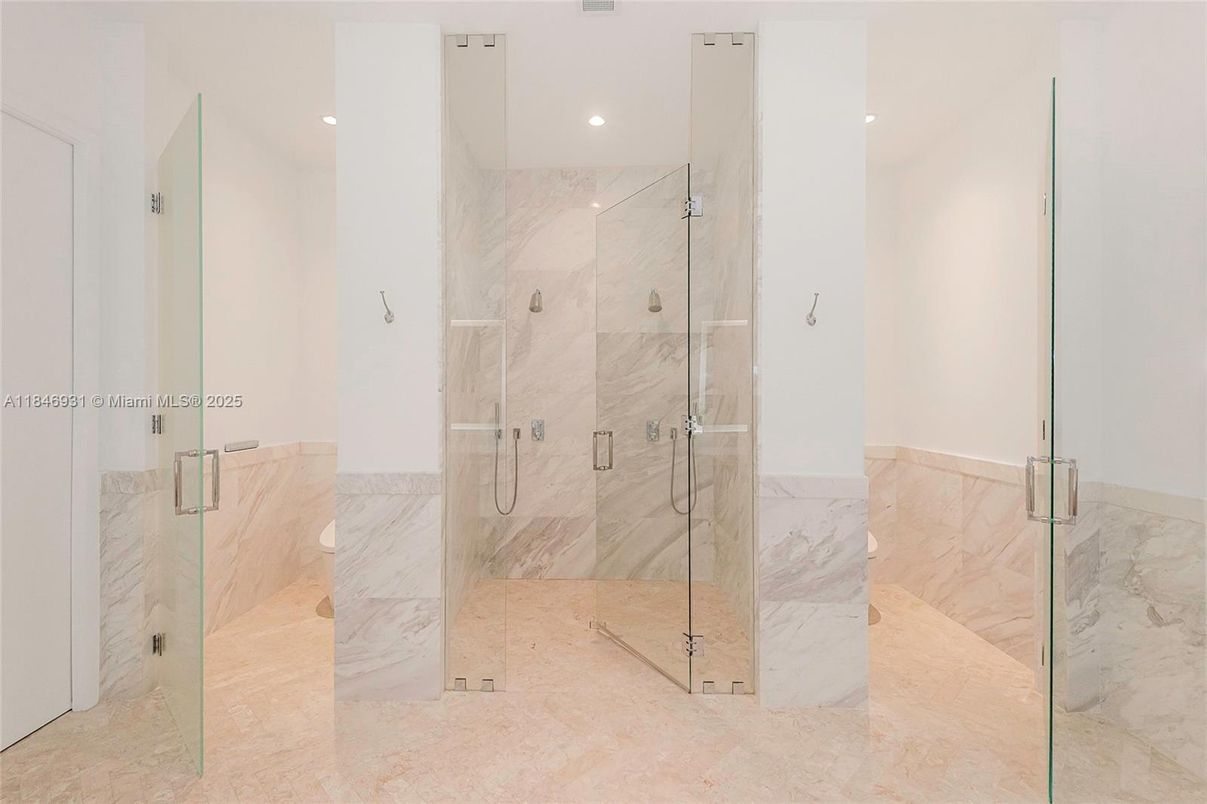 Bathroom, Glass Shower, Interior, Marble, Marble Walls, Recessed Lighting