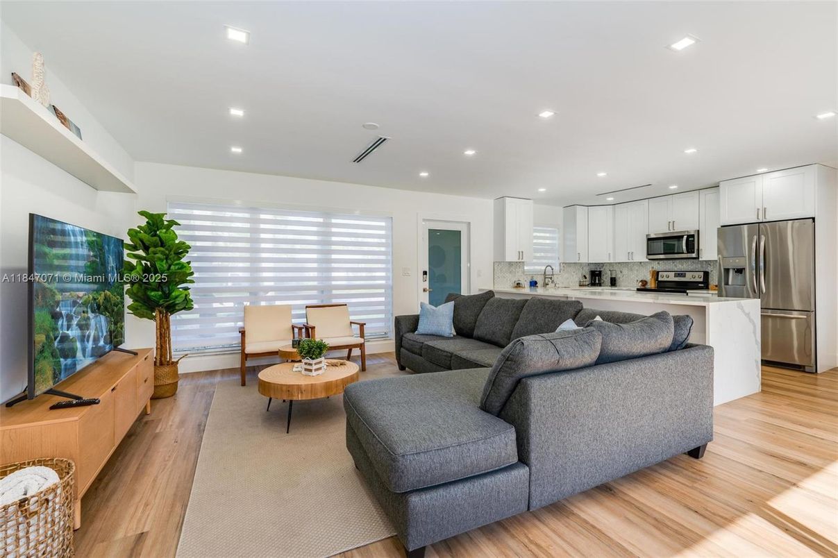 Interior, Kitchen, Living room, Recessed Lighting, Stainless Steel Appliances, Wood Texture Flooring