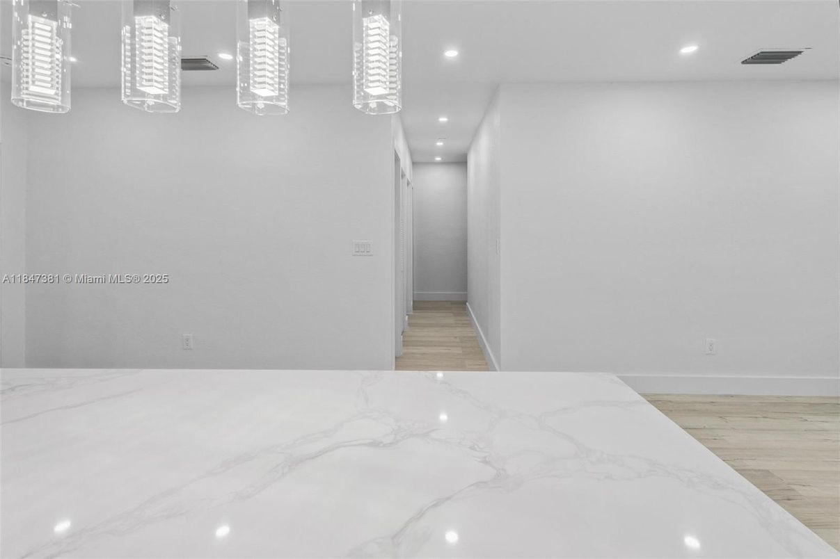 Empty room, Interior, Pendant Lights, Recessed Lighting, Wood Texture Flooring