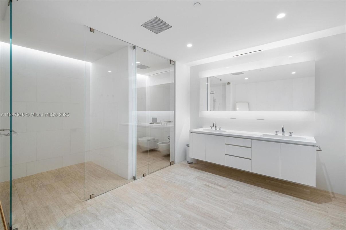 Bathroom, Dual Sink Vanities, Glass Shower, Interior, Recessed Lighting, Wood Texture Flooring