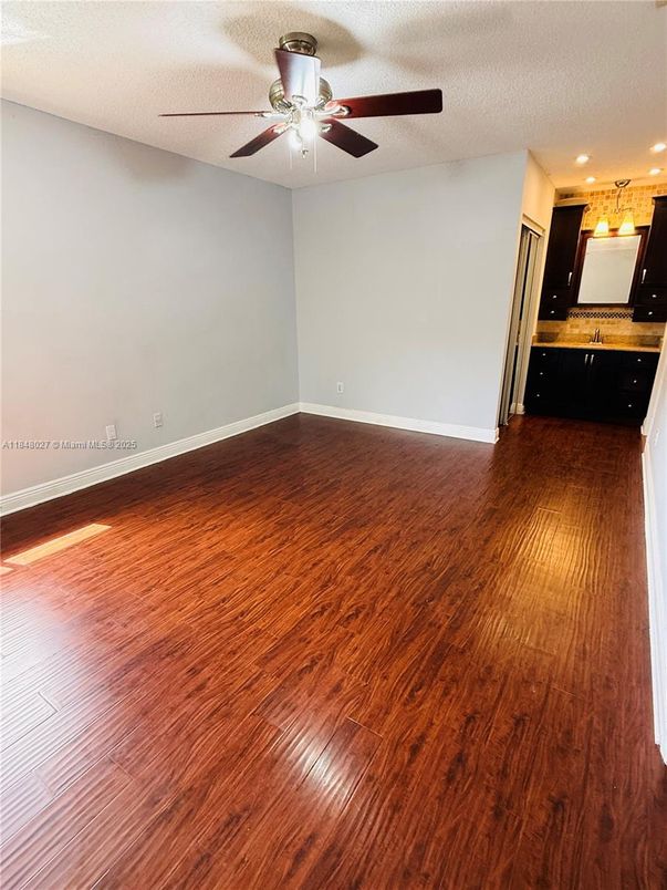 Empty room, Interior, Kitchen, Recessed Lighting, Wood Texture Flooring