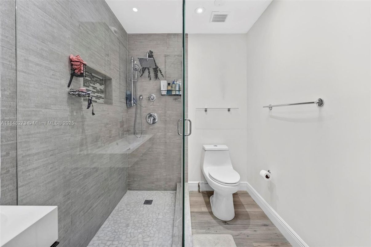 Bathroom, Glass Shower, Interior, Recessed Lighting, Wood Texture Flooring