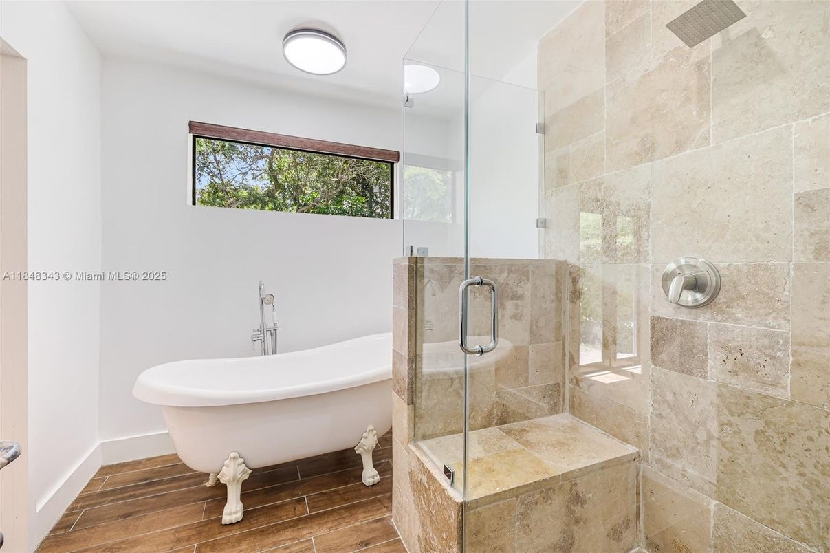 Bathroom, Free Standing Baths, Glass Shower, Interior, Wood Texture Flooring