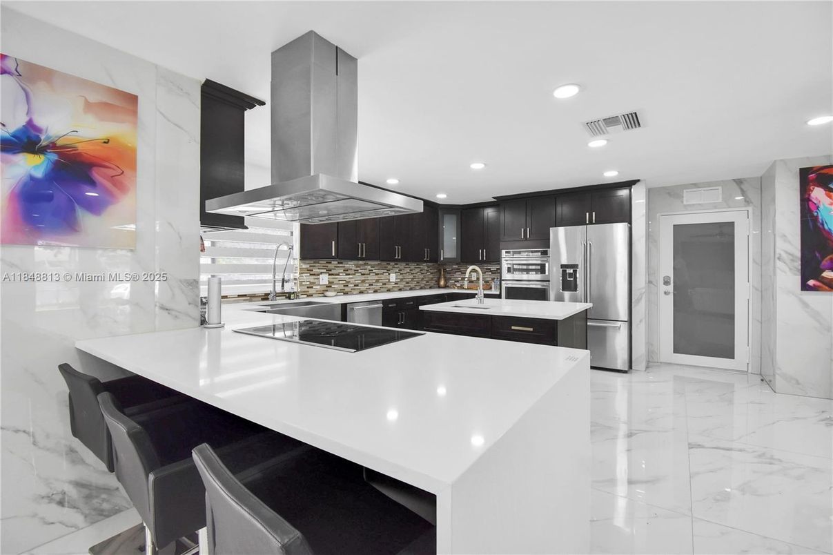 Interior, Kitchen, Marble, Recessed Lighting, Stainless Steel Appliances