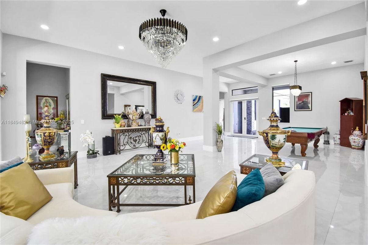 Billiard Table, Chandelier, Game Room, Interior, Living room, Pendant Lights, Recessed Lighting