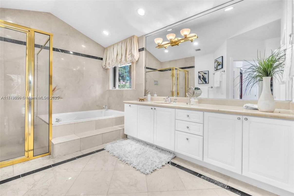 Bathroom, Dual Sink Vanities, Glass Shower, Interior, Marble, Recessed Lighting