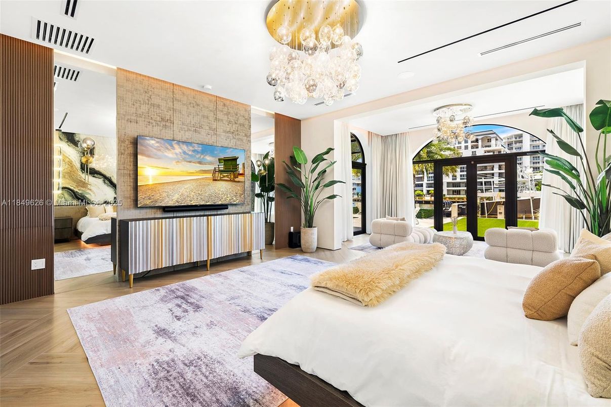 Bedroom, Chandelier, Interior, Recessed Lighting, Wood Texture Flooring