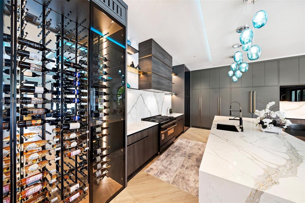 Interior, Kitchen, Pendant Lights, Recessed Lighting, Wine Storage, Wood Texture Flooring