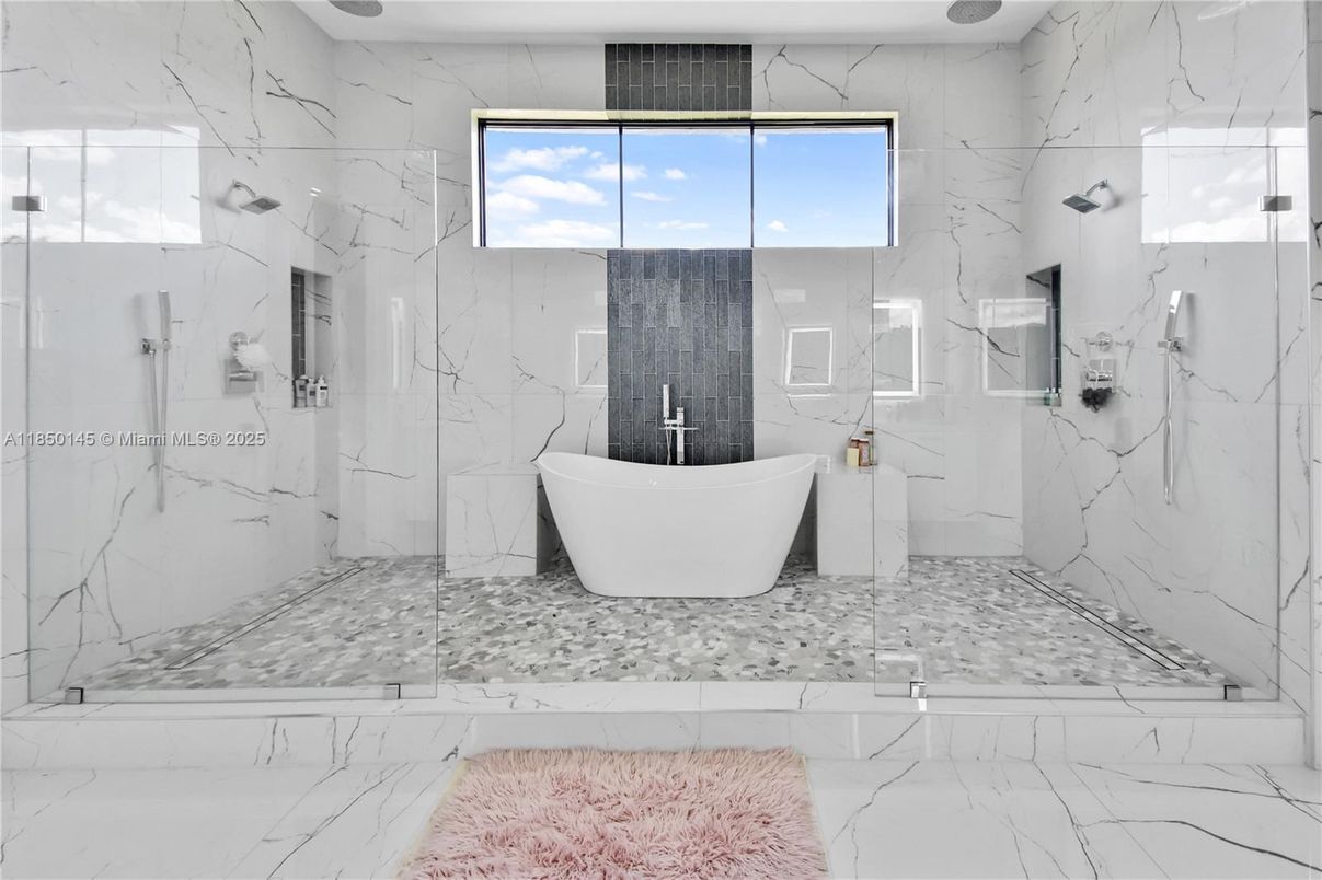 Bathroom, Free Standing Baths, Glass Shower, Interior, Marble, Marble Walls