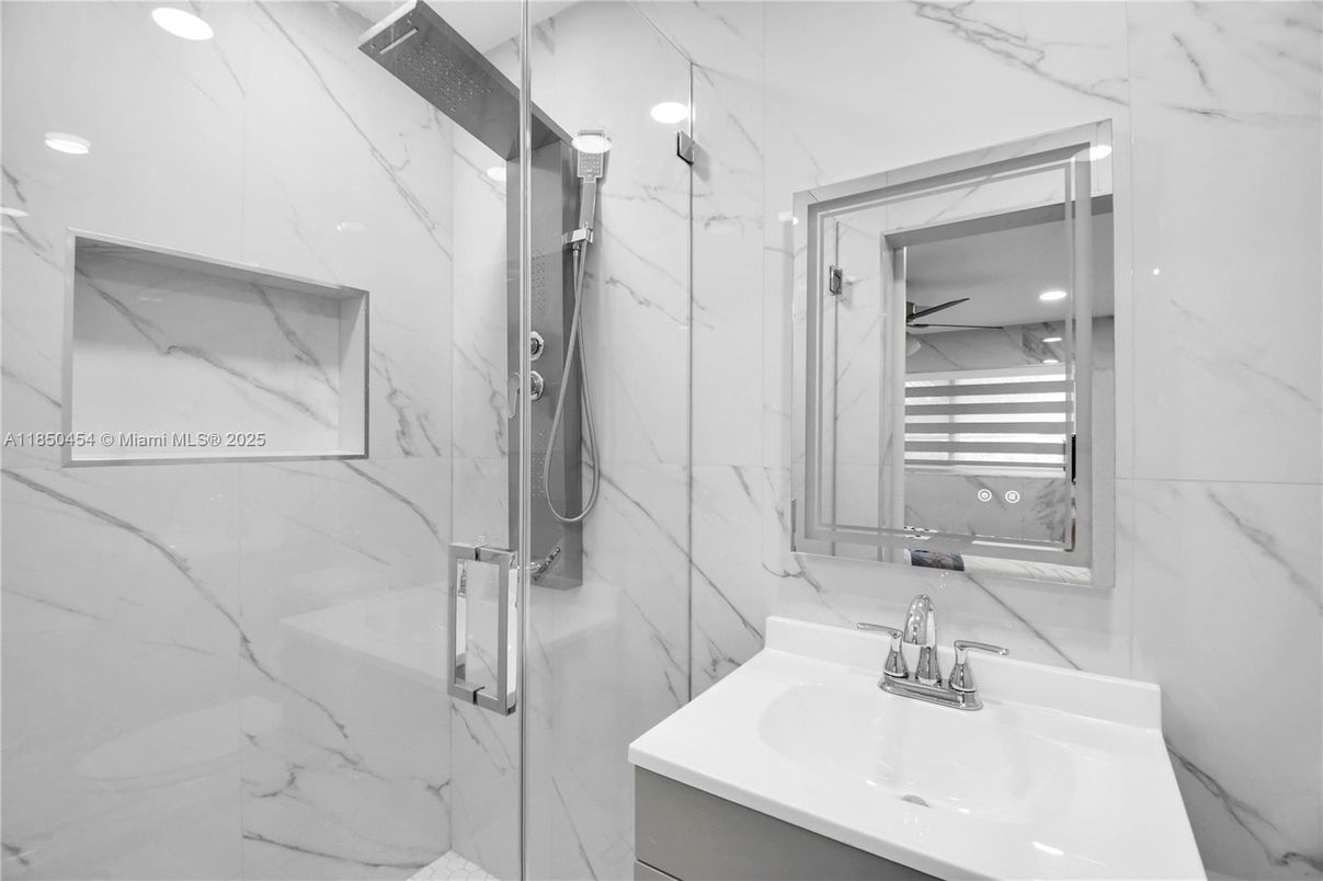 Bathroom, Glass Shower, Interior, Marble Walls, Recessed Lighting