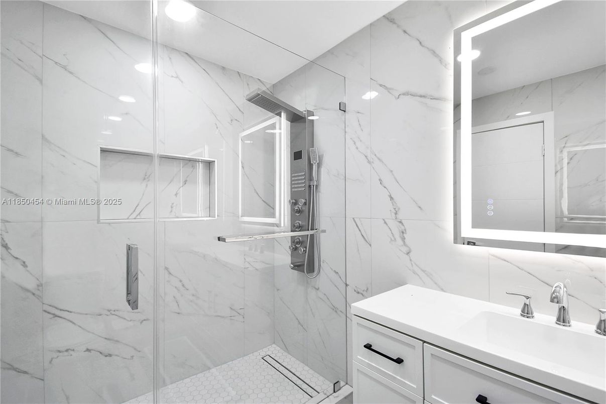 Bathroom, Glass Shower, Interior, Marble Walls, Recessed Lighting