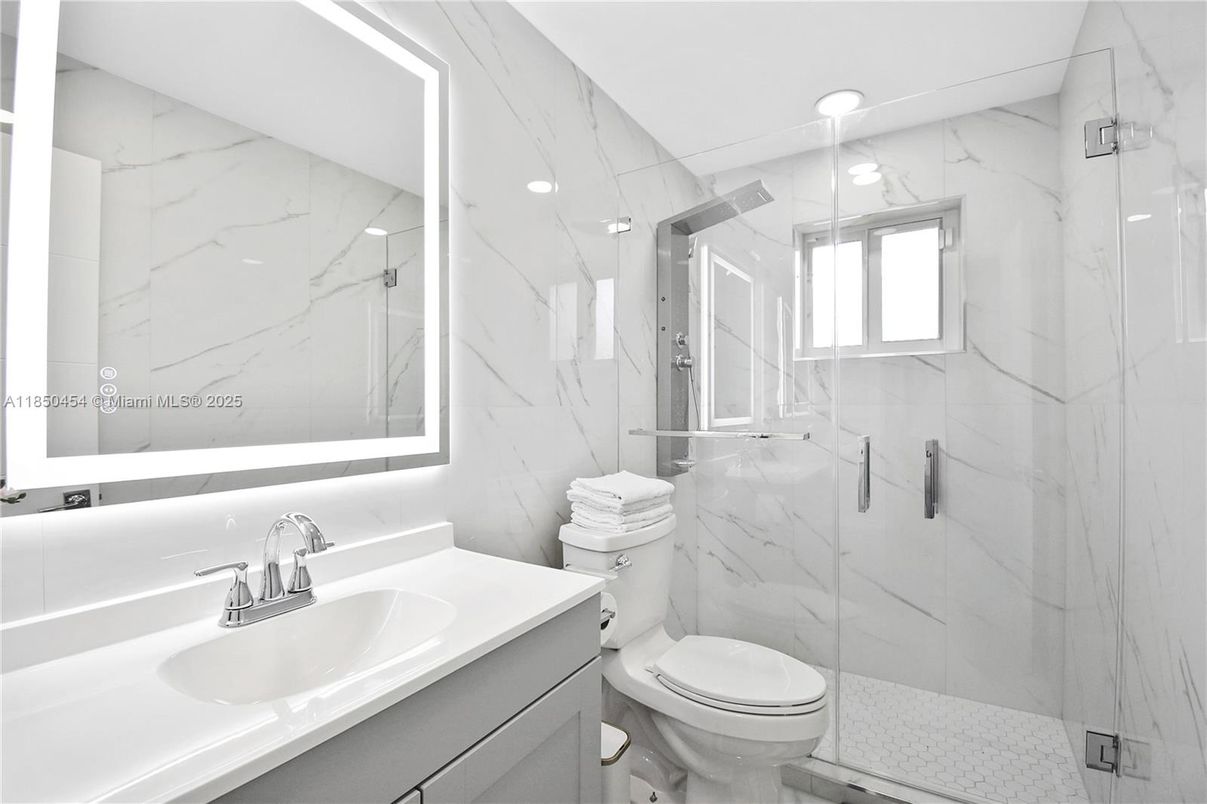 Bathroom, Glass Shower, Interior, Marble Walls, Recessed Lighting