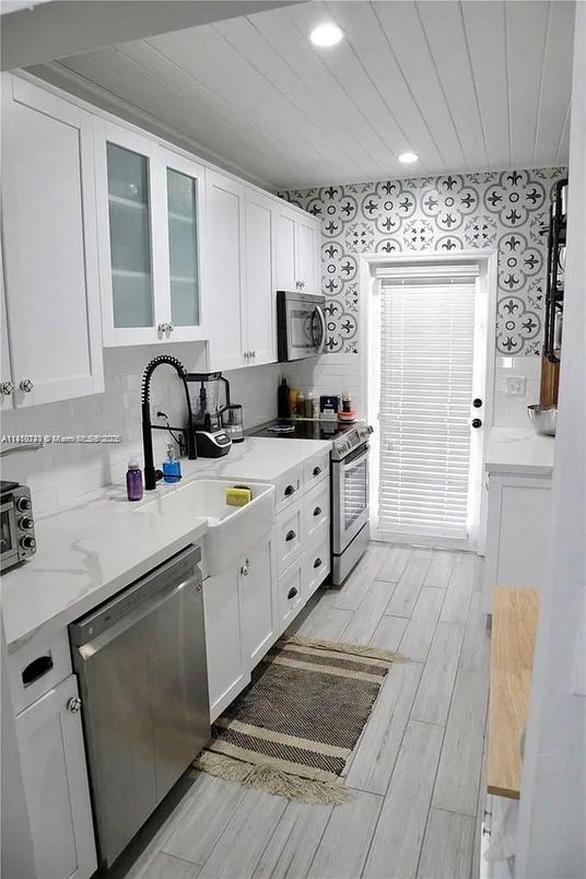 Interior, Kitchen, Recessed Lighting, Stainless Steel Appliances, Wood Texture Flooring