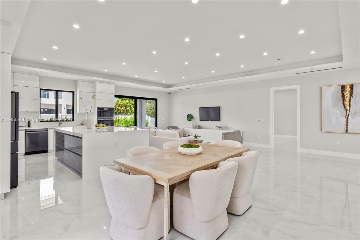 Dining room, Interior, Kitchen, Living room, Marble, Recessed Lighting, Stainless Steel Appliances