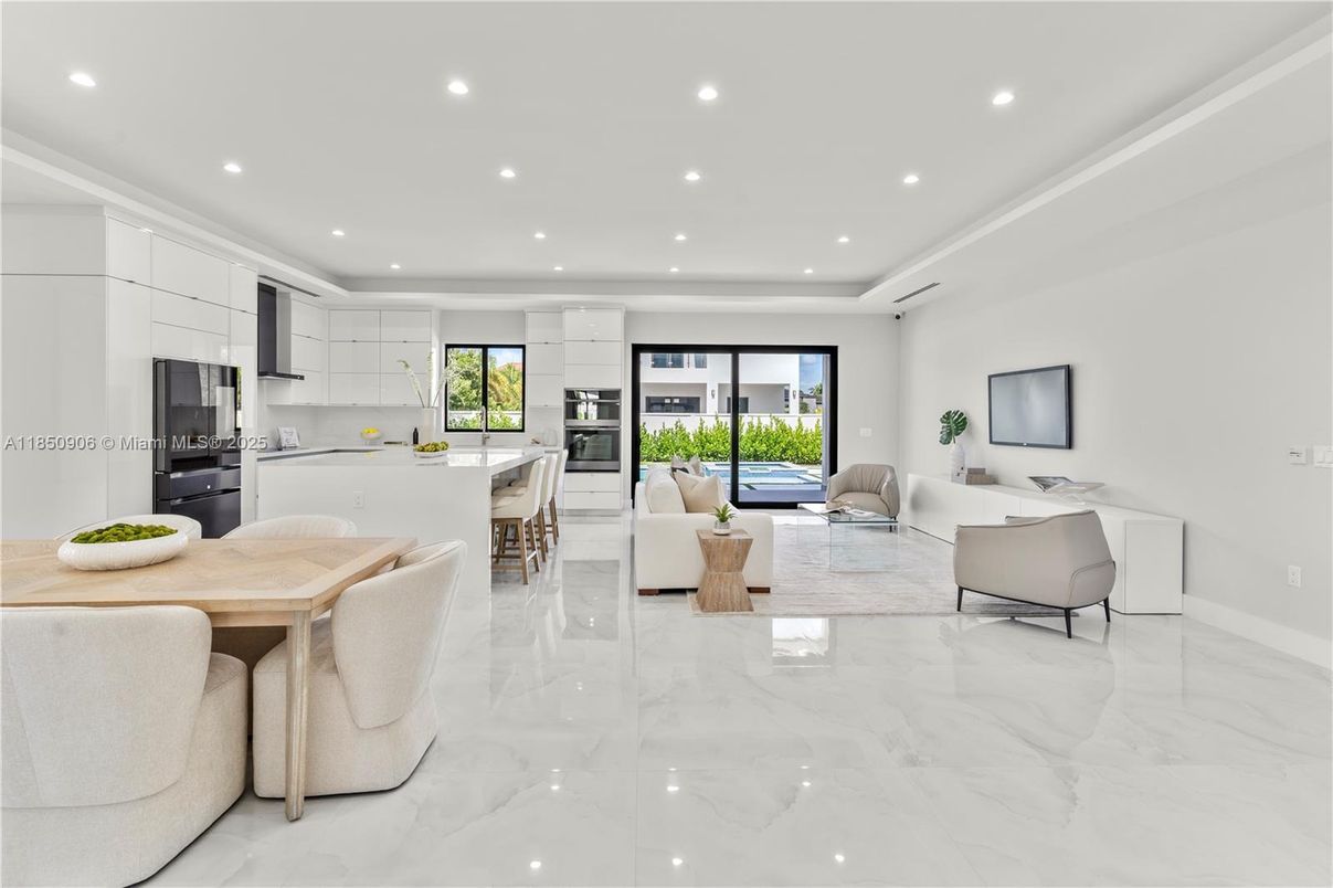 Dining room, Interior, Kitchen, Living room, Marble, Recessed Lighting, Stainless Steel Appliances