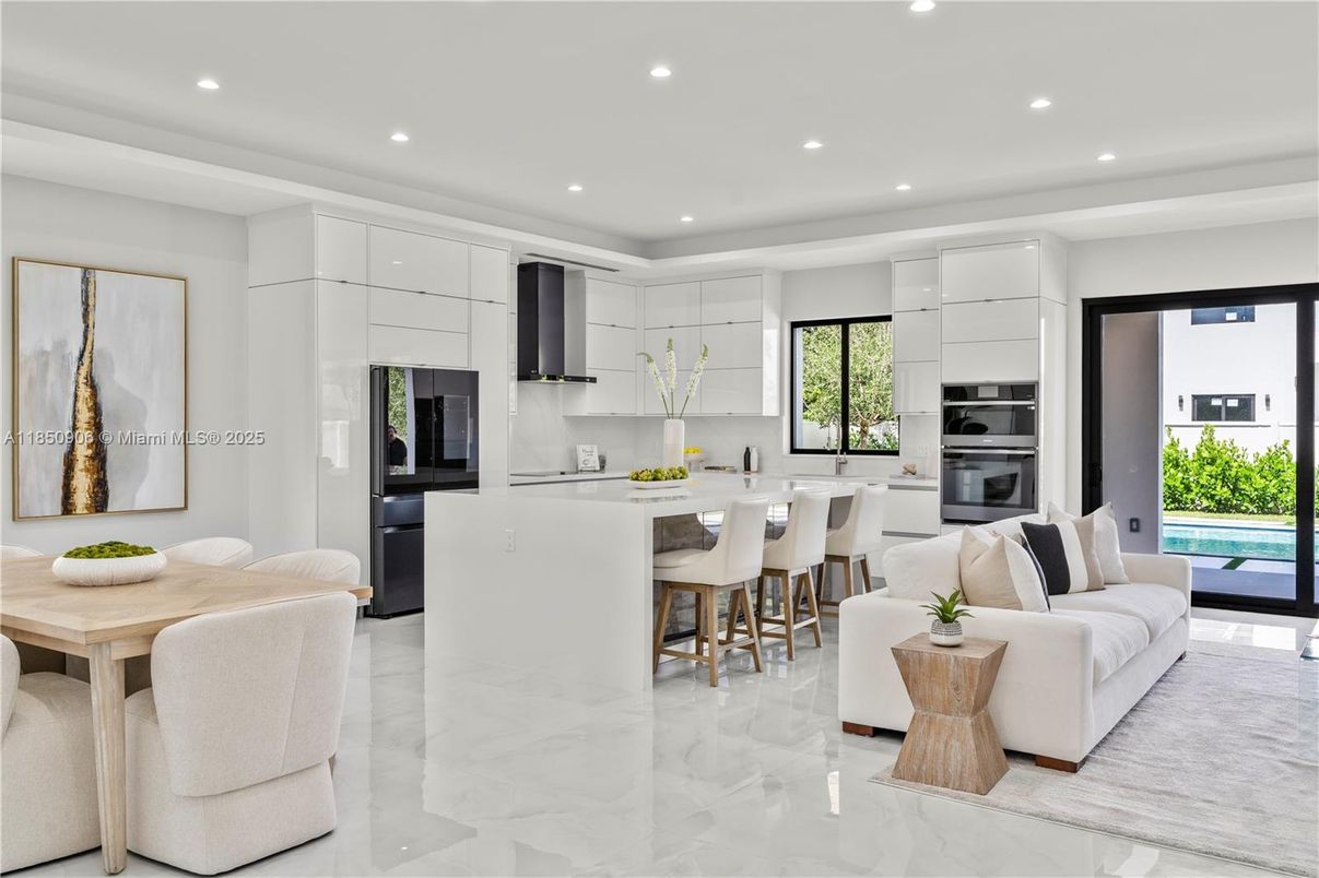 Dining room, Interior, Kitchen, Living room, Marble, Recessed Lighting, Stainless Steel Appliances