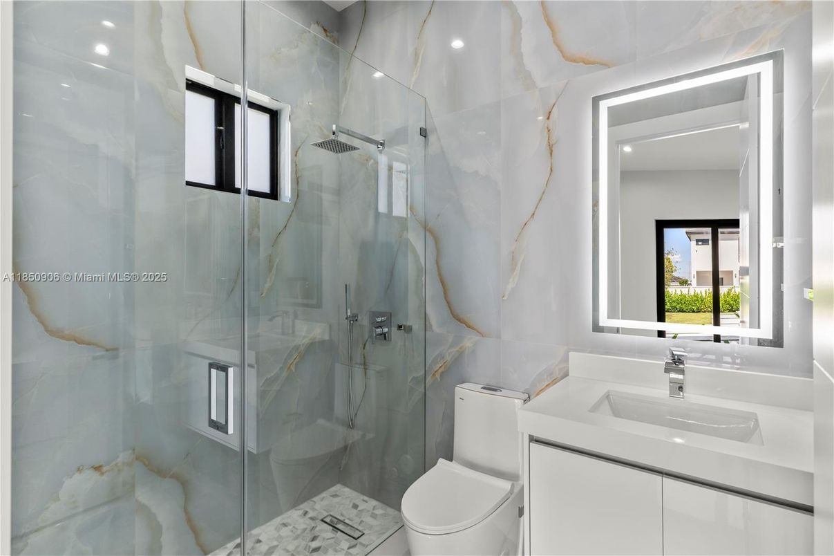 Bathroom, Glass Shower, Interior, Marble Walls, Recessed Lighting