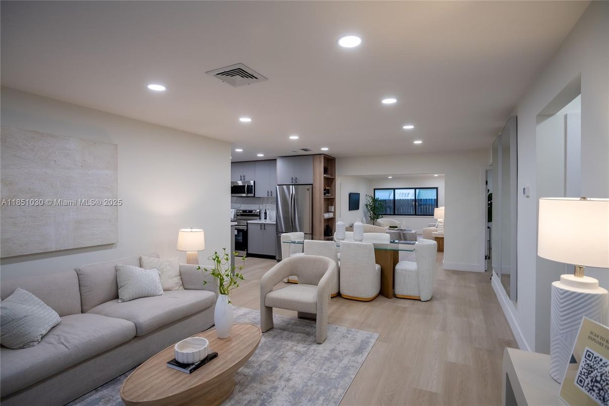 Dining room, Interior, Kitchen, Living room, Recessed Lighting, Stainless Steel Appliances, Wood Texture Flooring