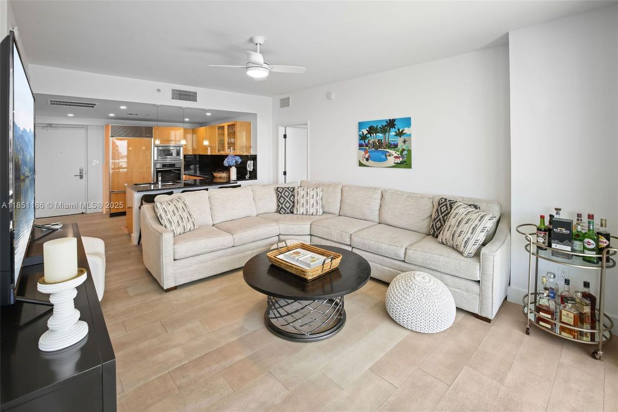 Interior, Kitchen, Living room, Recessed Lighting, Stainless Steel Appliances, Wood Texture Flooring