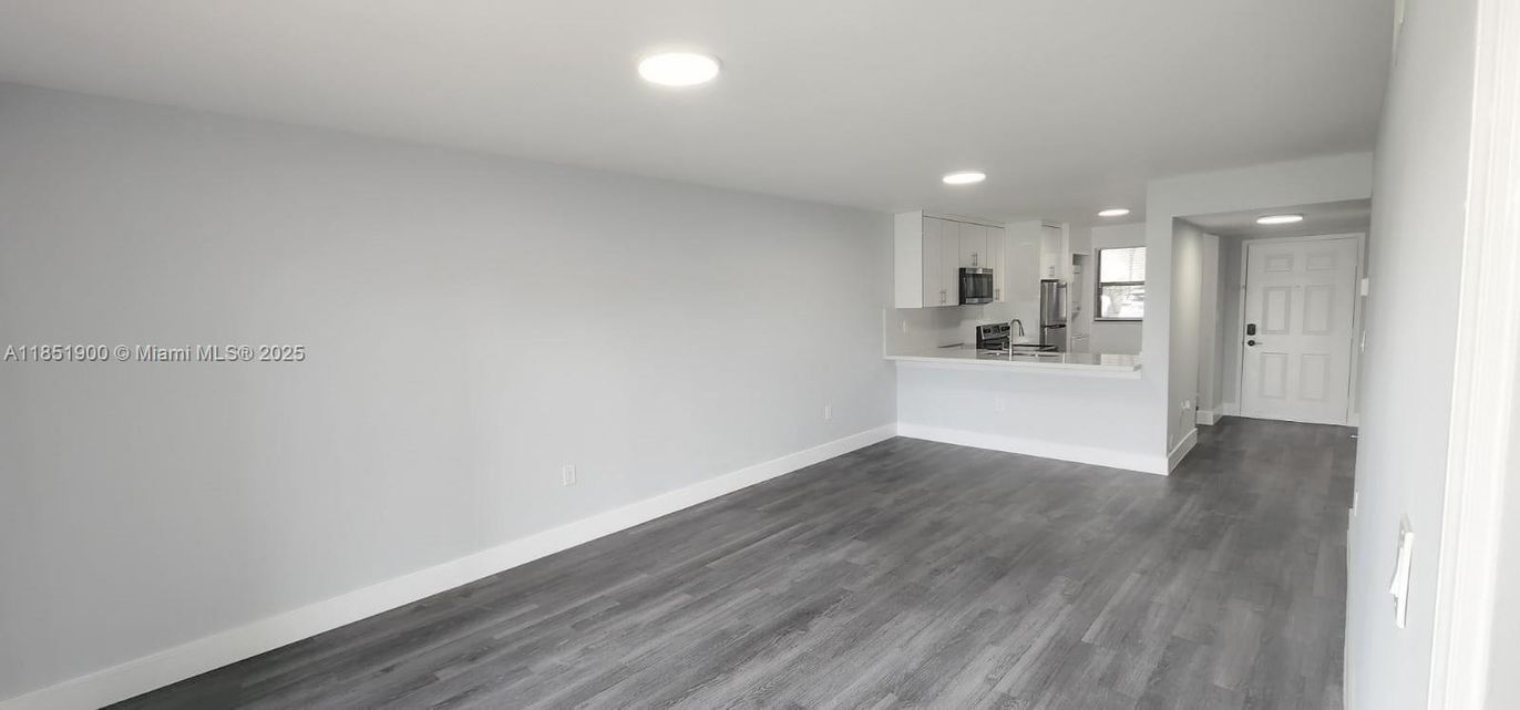 Empty room, Interior, Kitchen, Recessed Lighting, Wood Texture Flooring