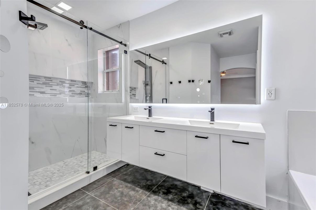 Bathroom, Dual Sink Vanities, Glass Shower, Interior, Marble Walls