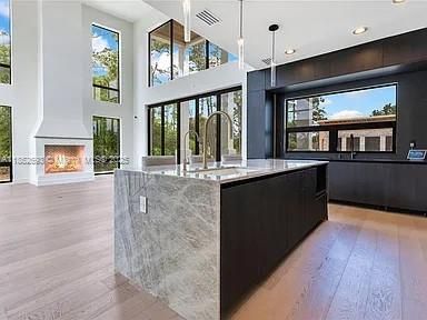 Fireplace, Interior, Kitchen, Pendant Lights, Recessed Lighting, Wood Texture Flooring