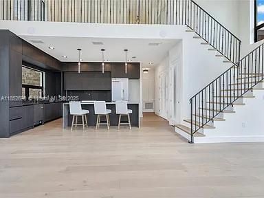 Dining room, Interior, Kitchen, Pendant Lights, Recessed Lighting, Wood Texture Flooring