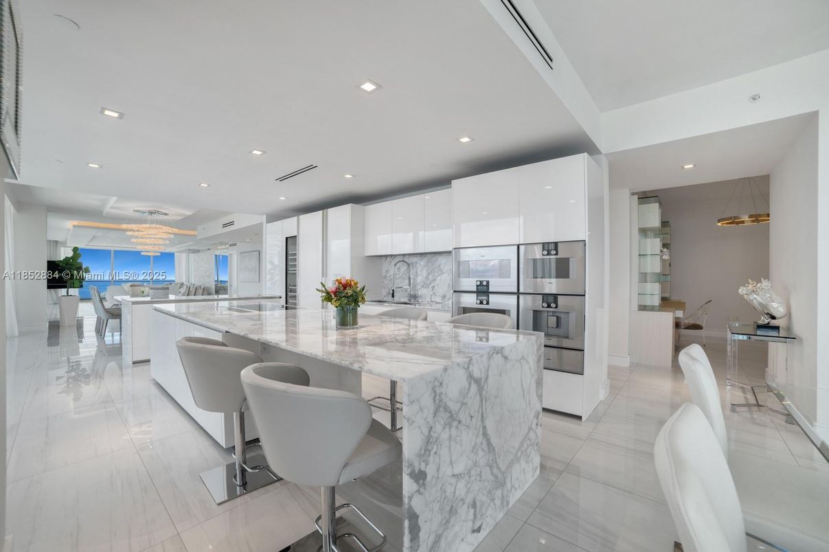 Dining room, Interior, Kitchen, Marble, Pendant Lights, Recessed Lighting, Stainless Steel Appliances, Water